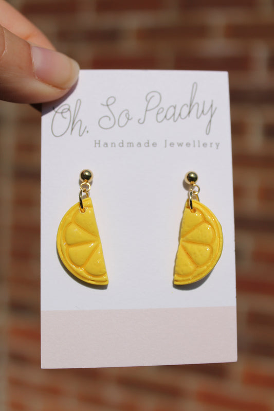 Polymer Clay Citrus Ball Stud Earrings Lemon Gold Hardware