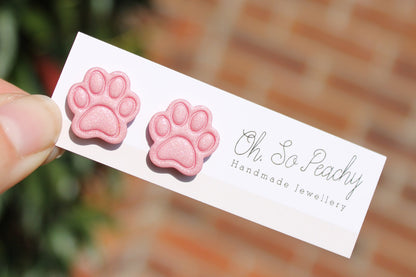 Polymer Clay Paw Print Stud Earrings pink pearl