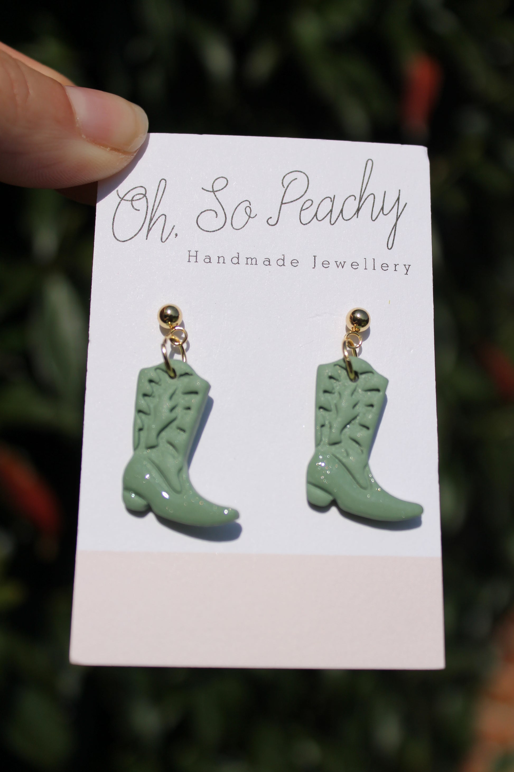 Polymer Clay Cowboy Boot Ball Stud Earrings Pearl Sage Gold Hardware