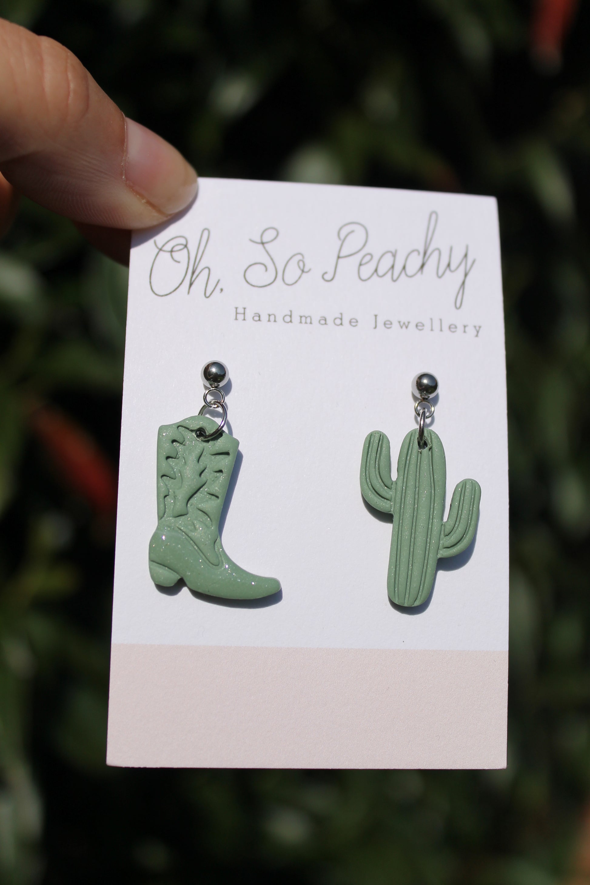 Polymer Clay Cowboy Boot and Cactus Ball Stud Earrings Pearl Green Silver Hardware