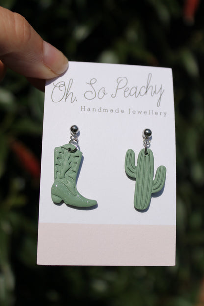 Polymer Clay Cowboy Boot and Cactus Ball Stud Earrings Pearl Green Silver Hardware