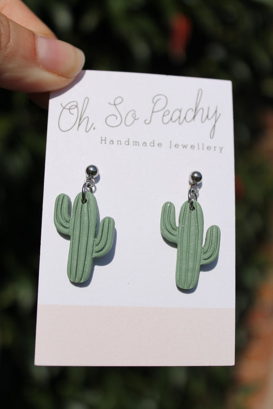 Polymer Clay Cactus Ball Stud Earrings Green Pearl Silver Hardware