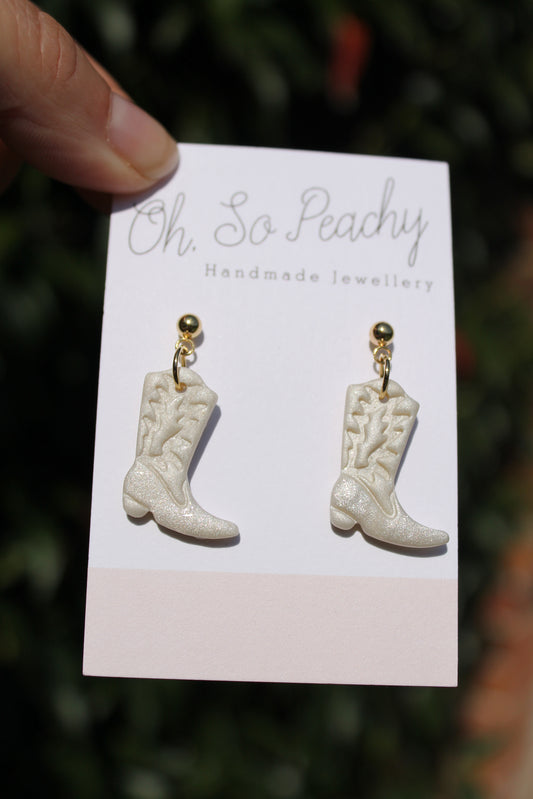 Polymer Clay Cowboy Boot Ball Stud Earrings Pearl Gold Hardware