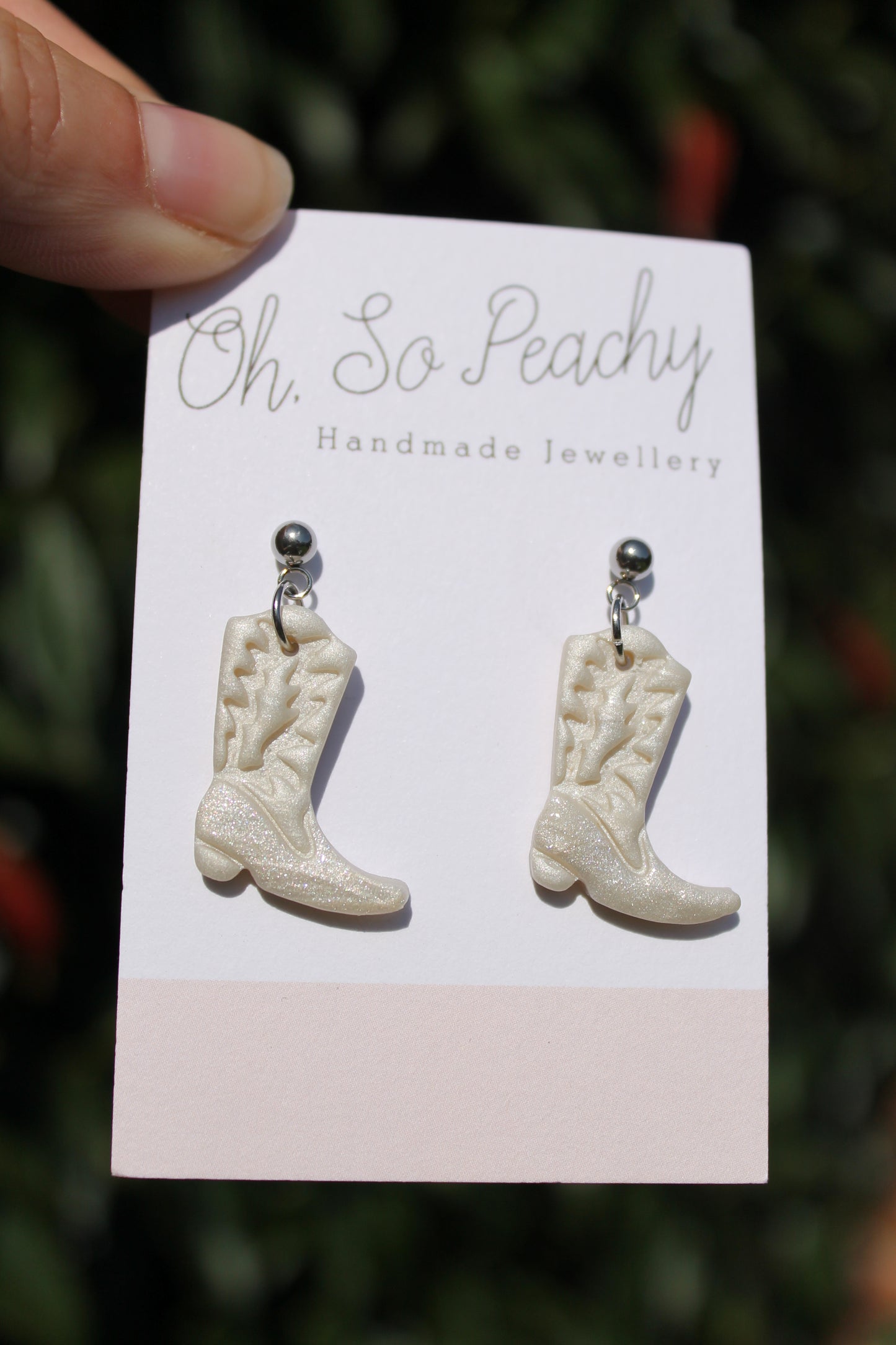 Polymer Clay Cowboy Boot Ball Stud Earrings Pearl Silver Hardware
