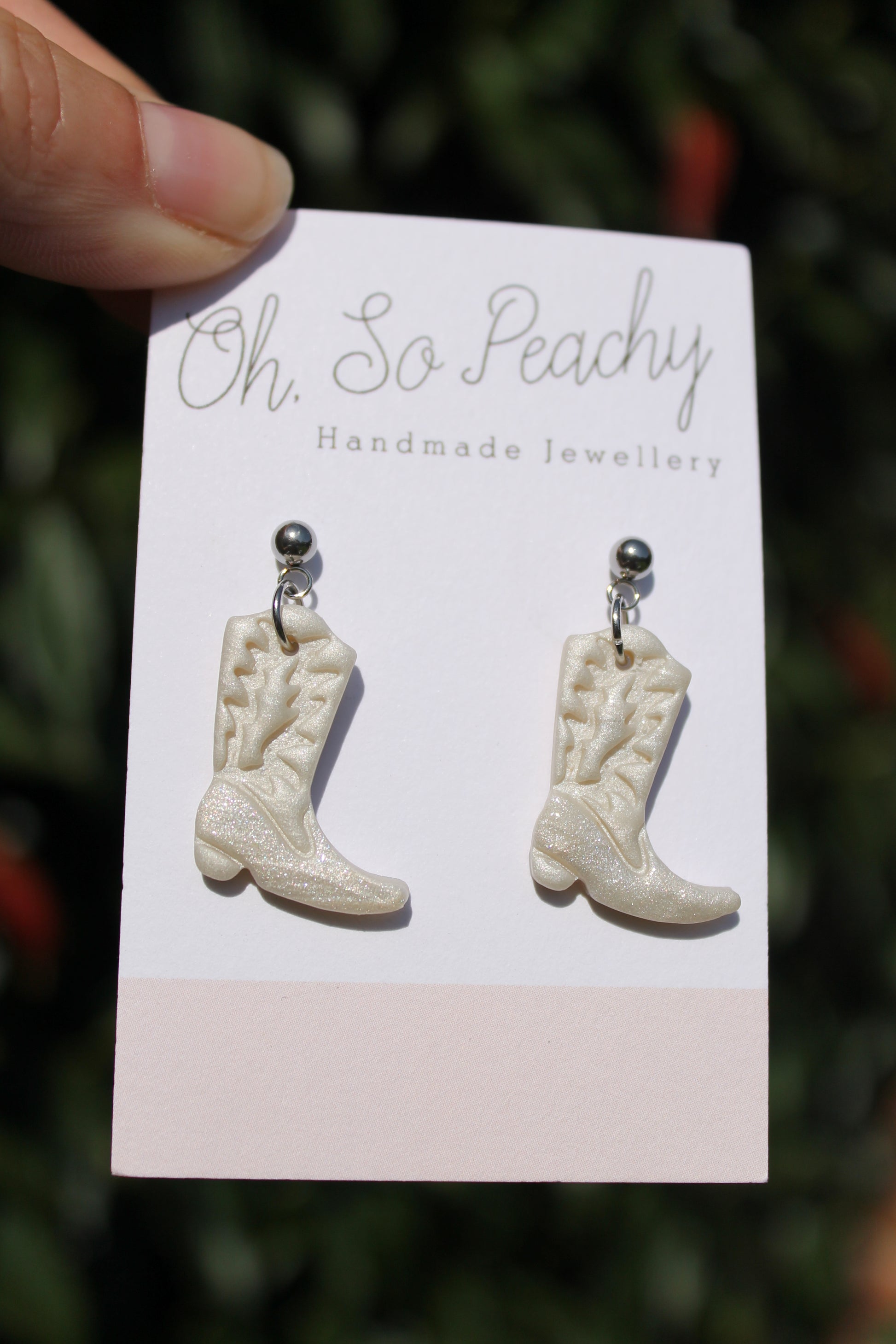 Polymer Clay Cowboy Boot Ball Stud Earrings Pearl Silver Hardware