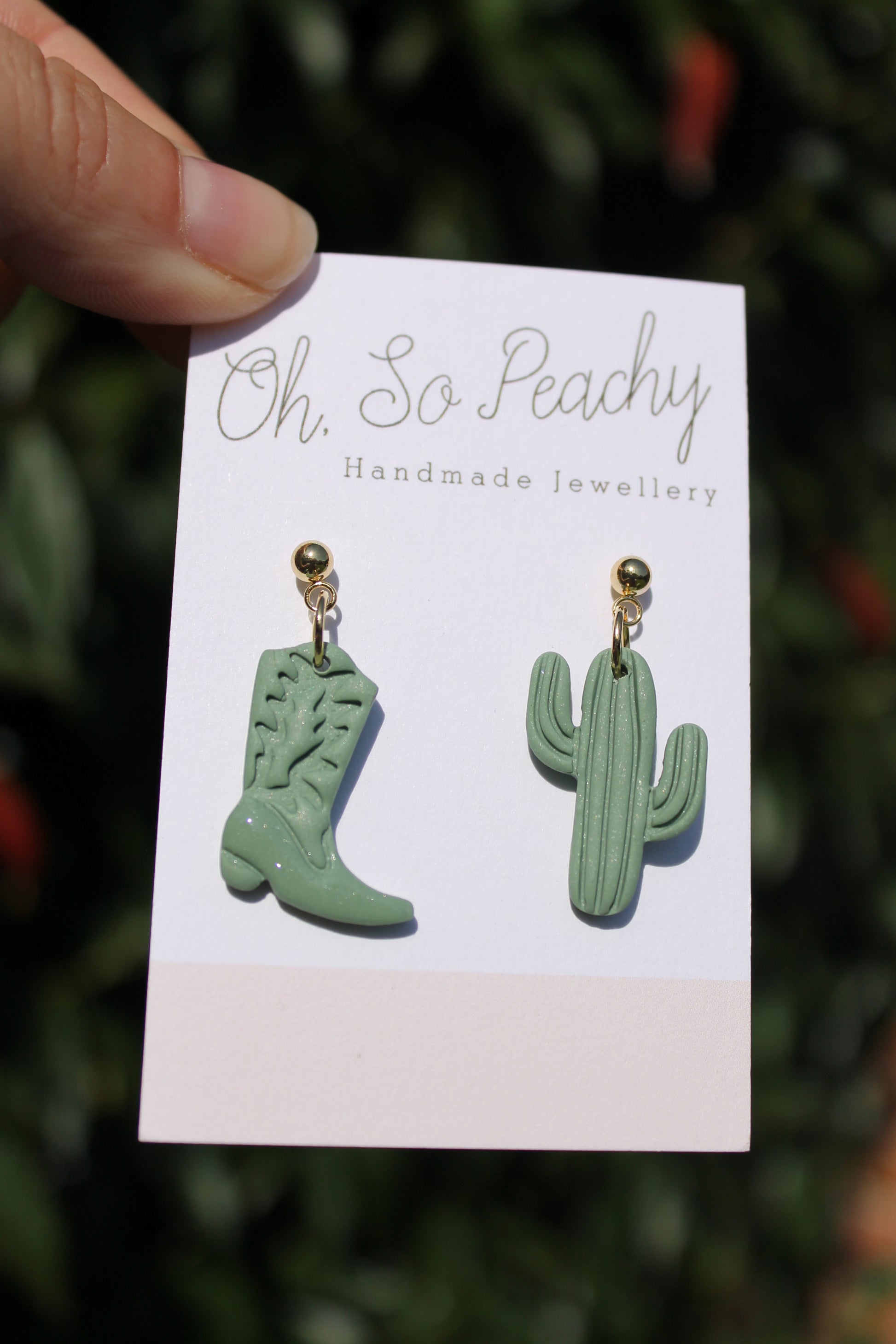 Polymer Clay Cowboy Boot and Cactus Ball Stud Earrings Pearl Green Gold Hardware