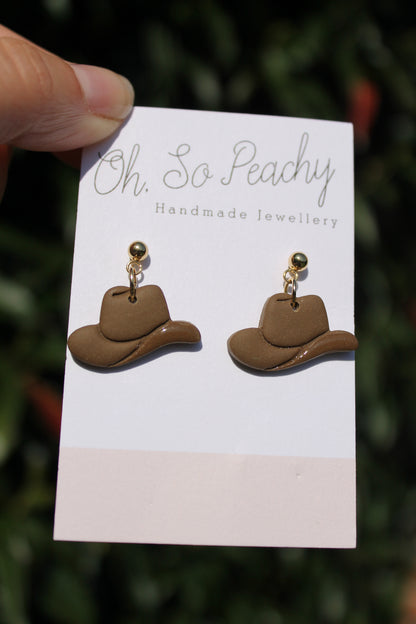 Polymer Clay Cowboy Hat Ball Stud Earrings Brown Gold Hardware