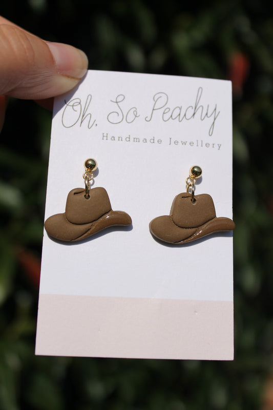 Polymer Clay Cowboy Hat Ball Stud Earrings Brown Gold Hardware