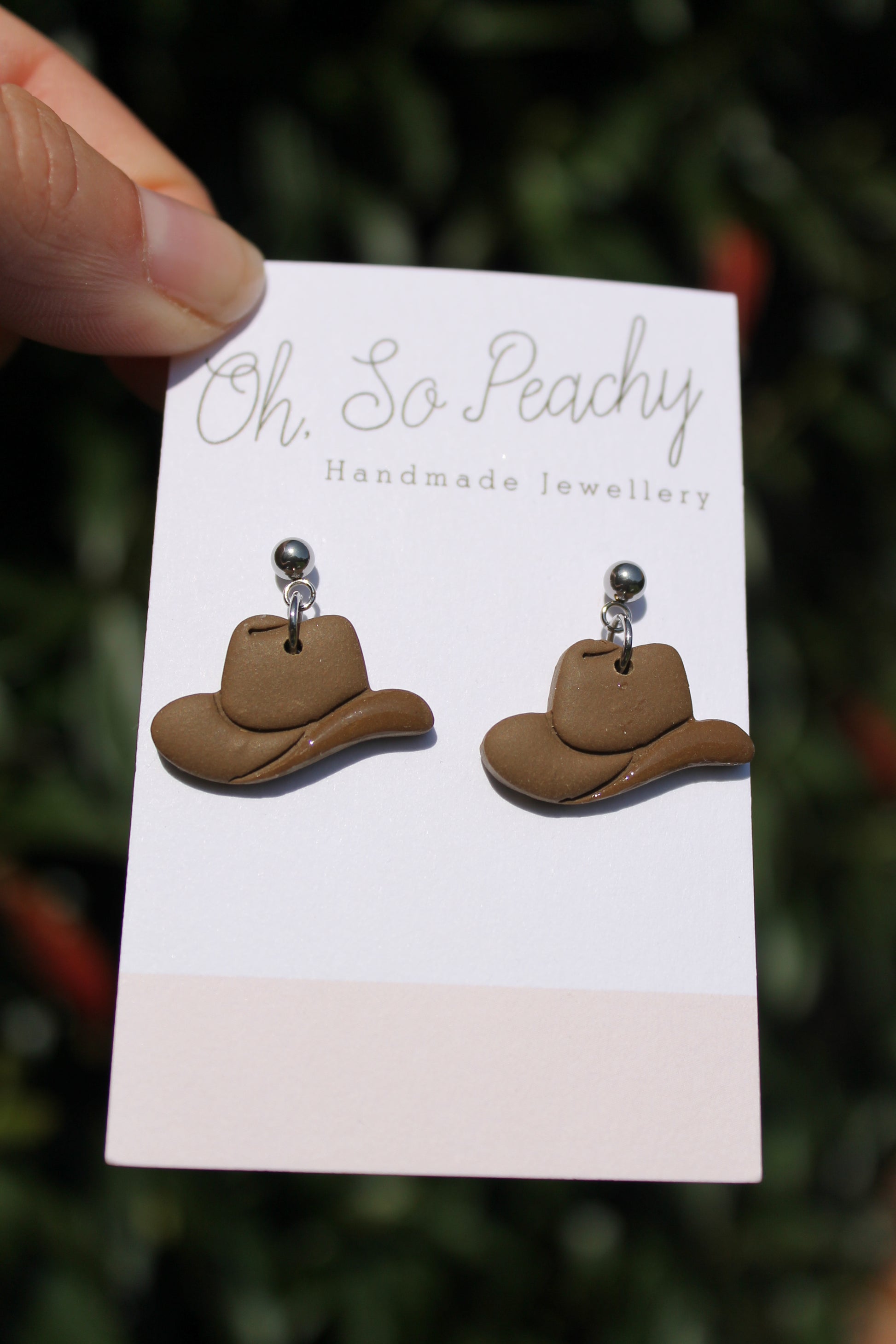 Polymer Clay Cowboy Hat Ball Stud Earrings Brown Silver Hardware