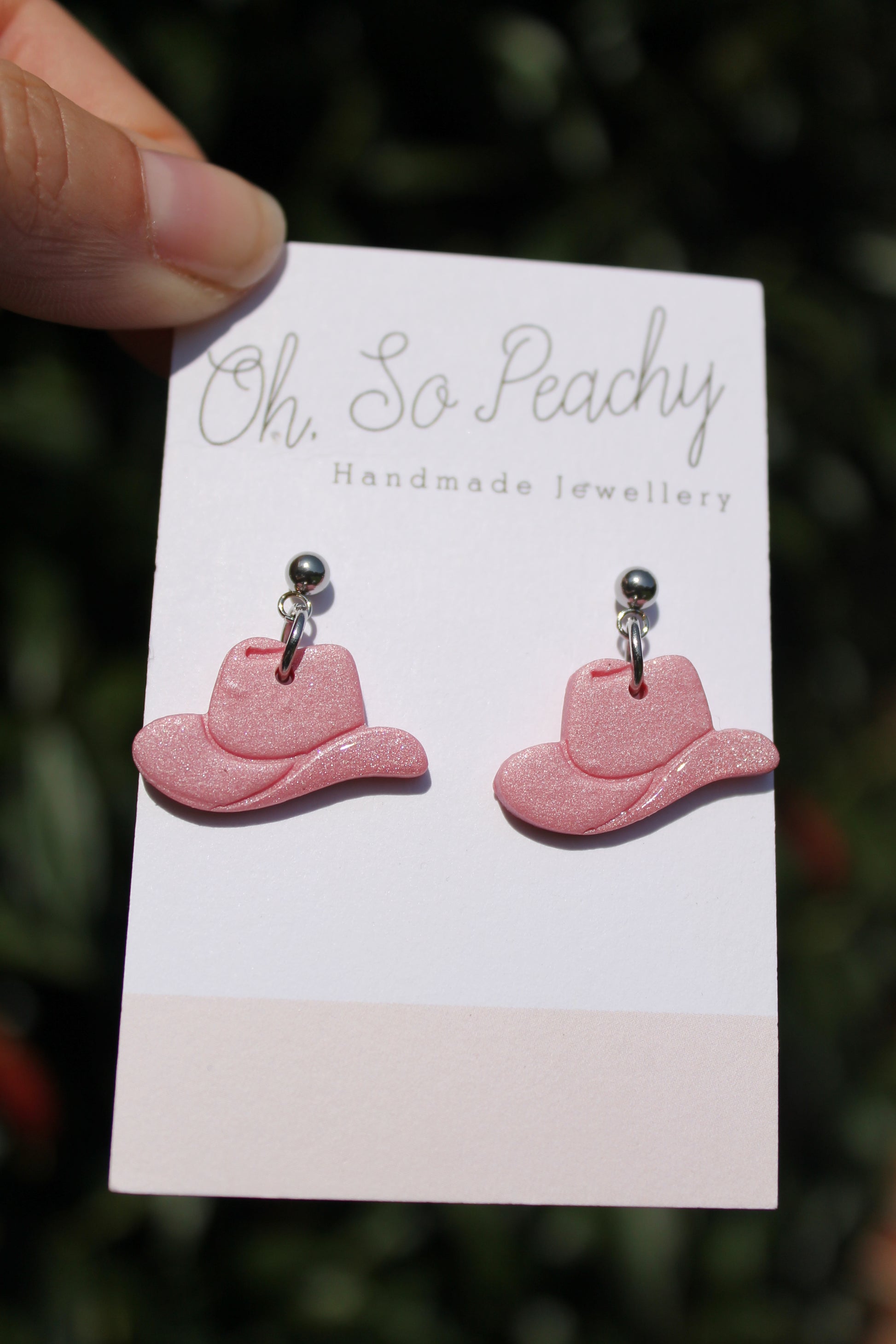Polymer Clay Cowboy Hat Ball Stud Earrings Pink Pearl Silver Hardware