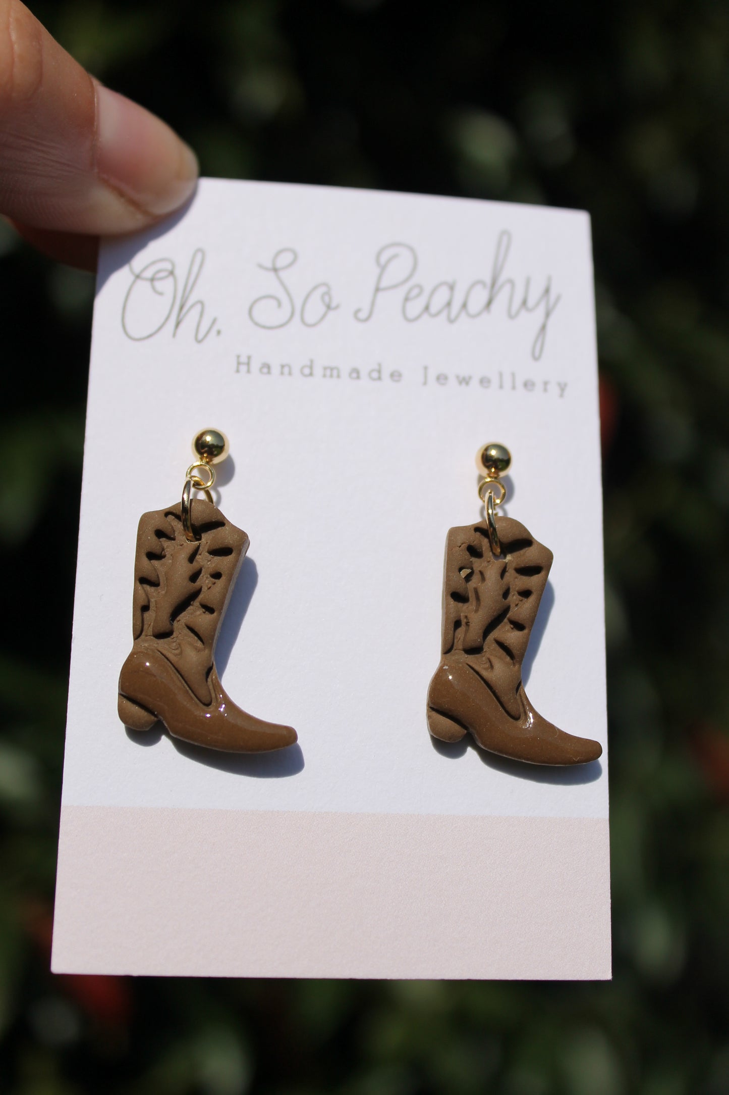 Polymer Clay Cowboy Boot Ball Stud Earrings Brown Gold Hardware
