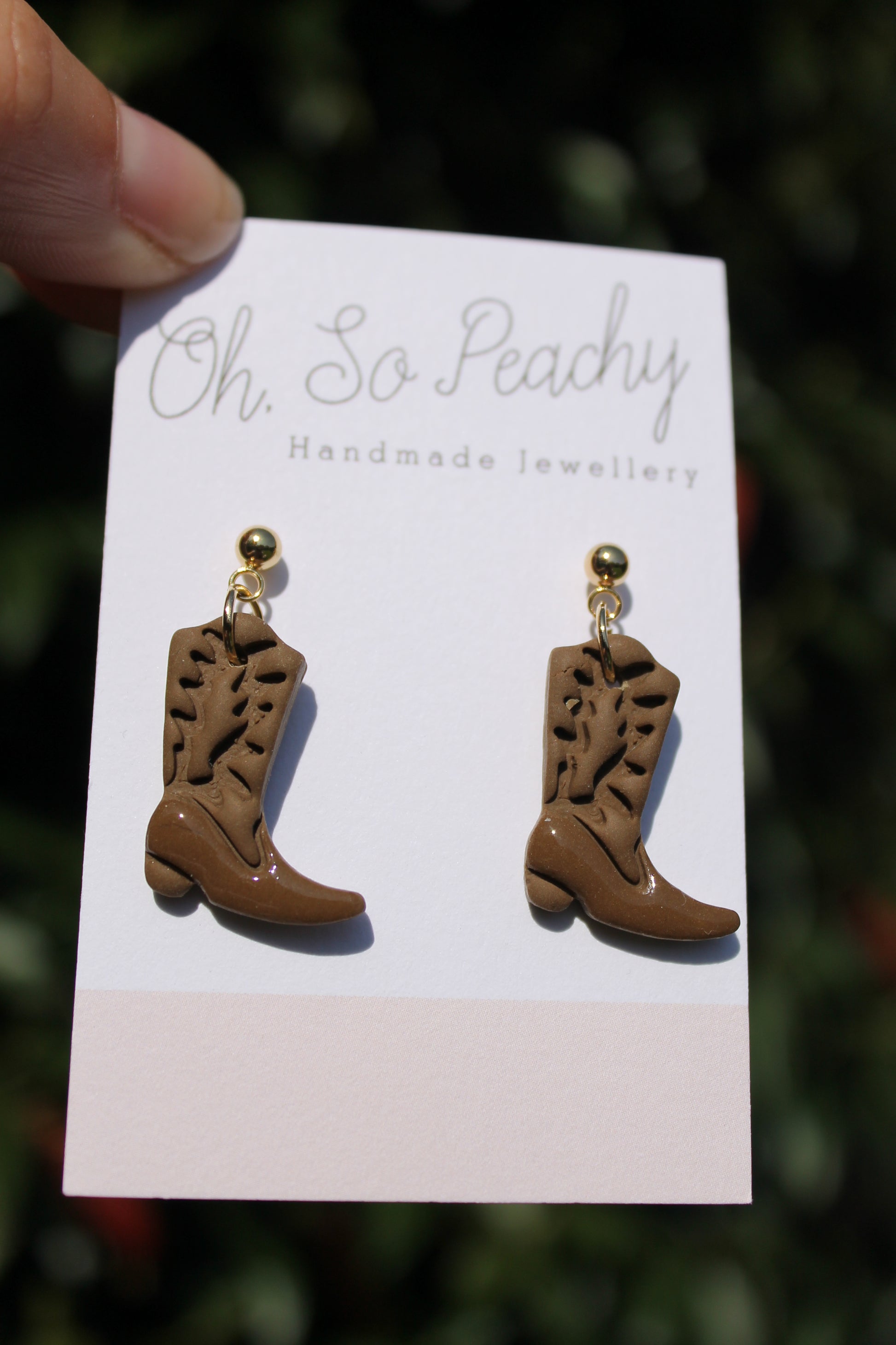 Polymer Clay Cowboy Boot Ball Stud Earrings Brown Gold Hardware