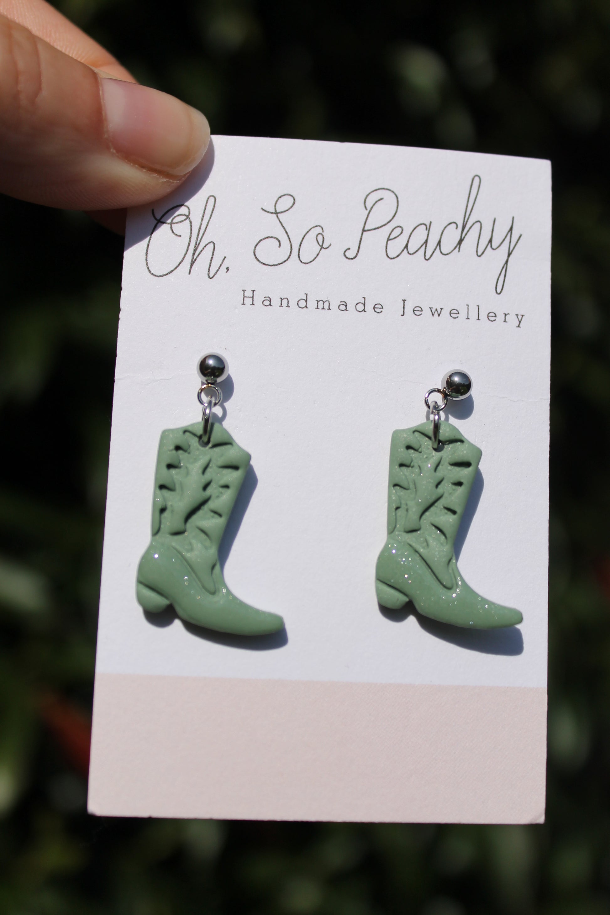 Polymer Clay Cowboy Boot Ball Stud Earrings Pearl Sage Silver Hardware