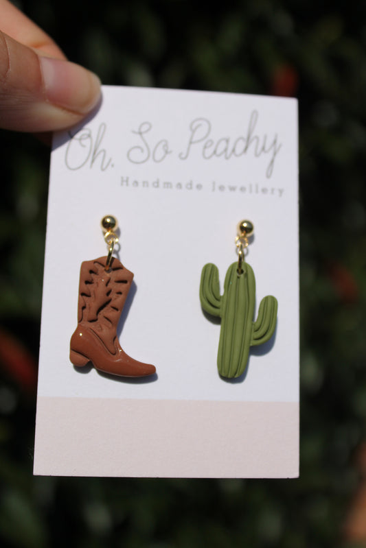 Polymer Clay Cowboy Boot and Cactus Ball Stud Earrings Brown Boot And Cactus Gold Hardware