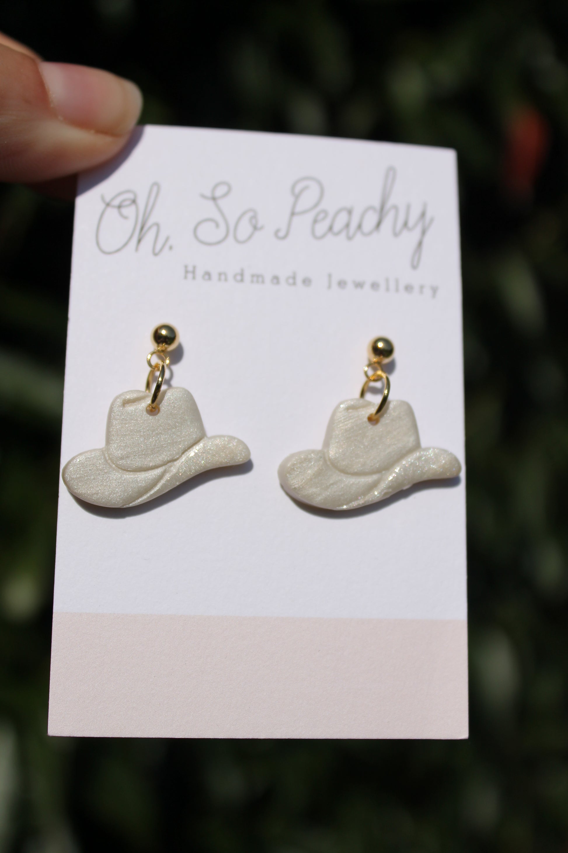 Polymer Clay Cowboy Hat Ball Stud Earrings Pearl Gold Hardware