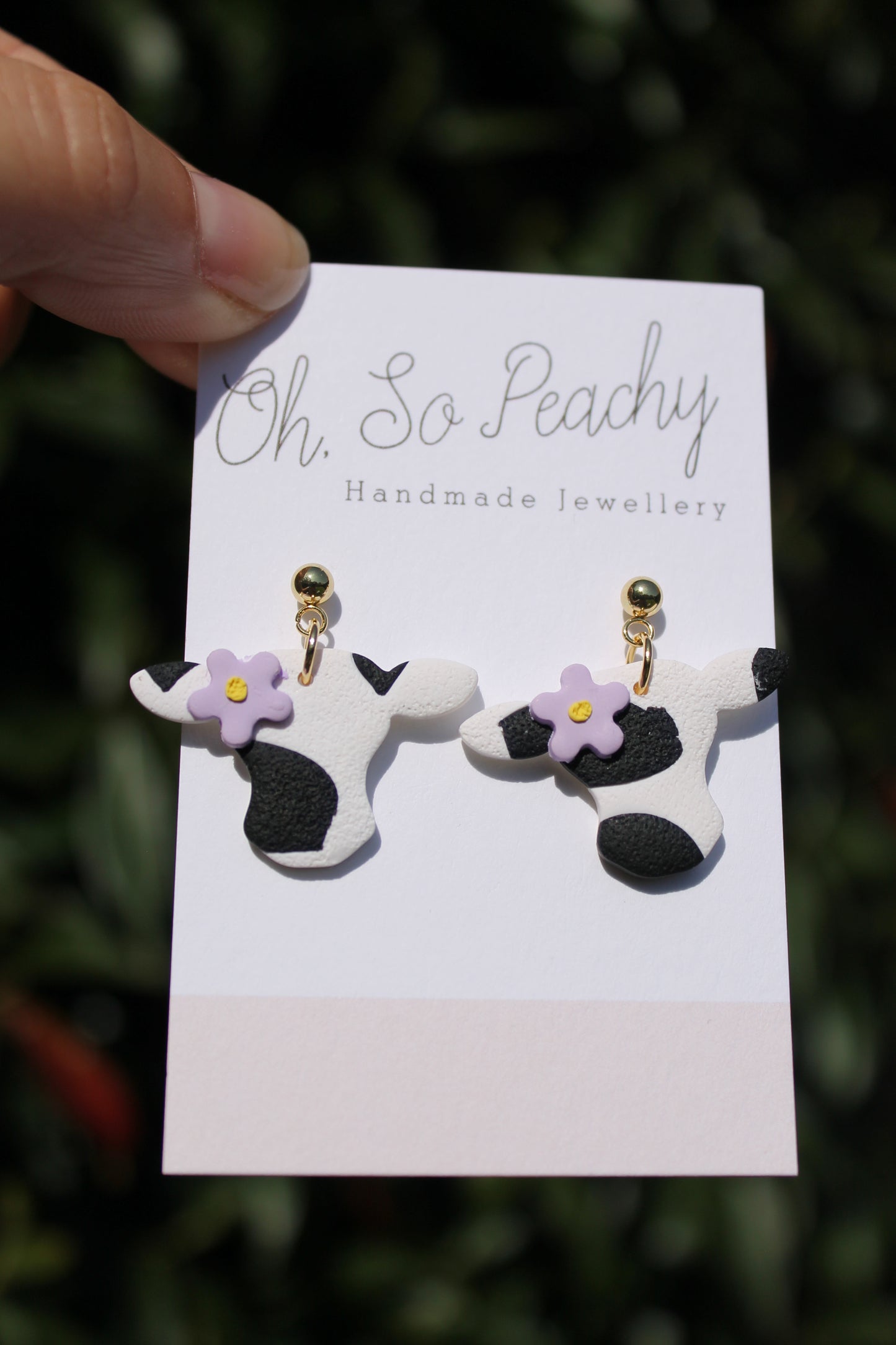 Polymer Clay Cow With Flower Ball Stud Earrings