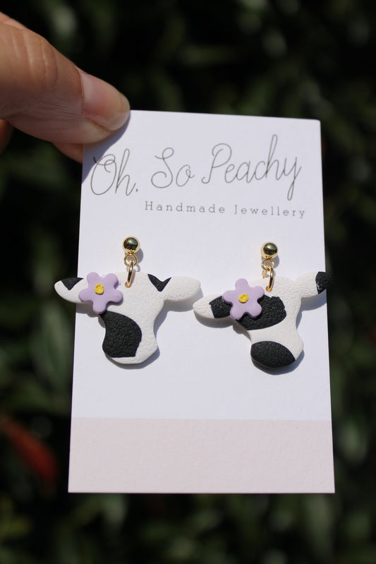 Polymer Clay Cow With Flower Ball Stud Earrings