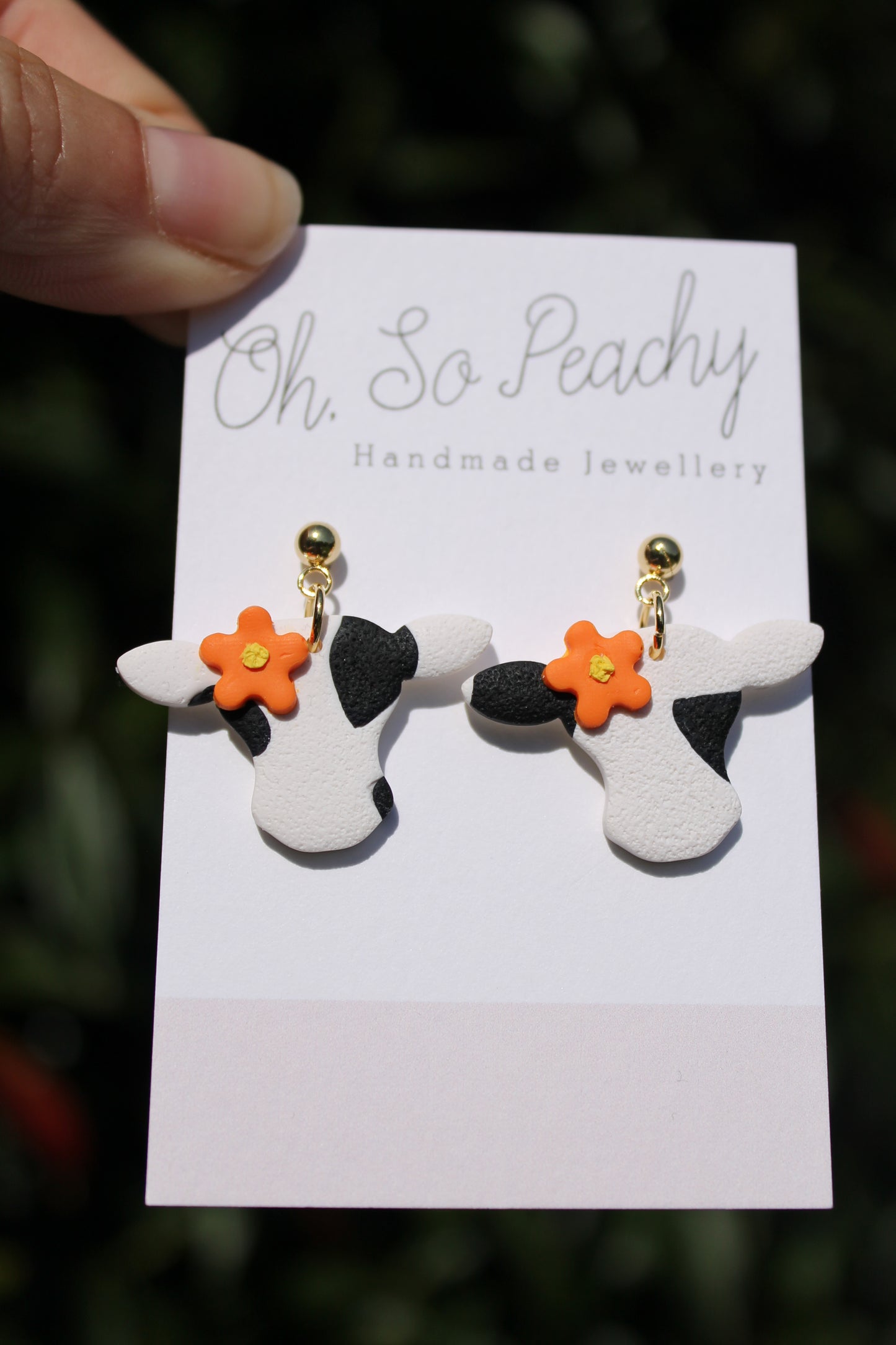 Polymer Clay Cow With Flower Ball Stud Earrings