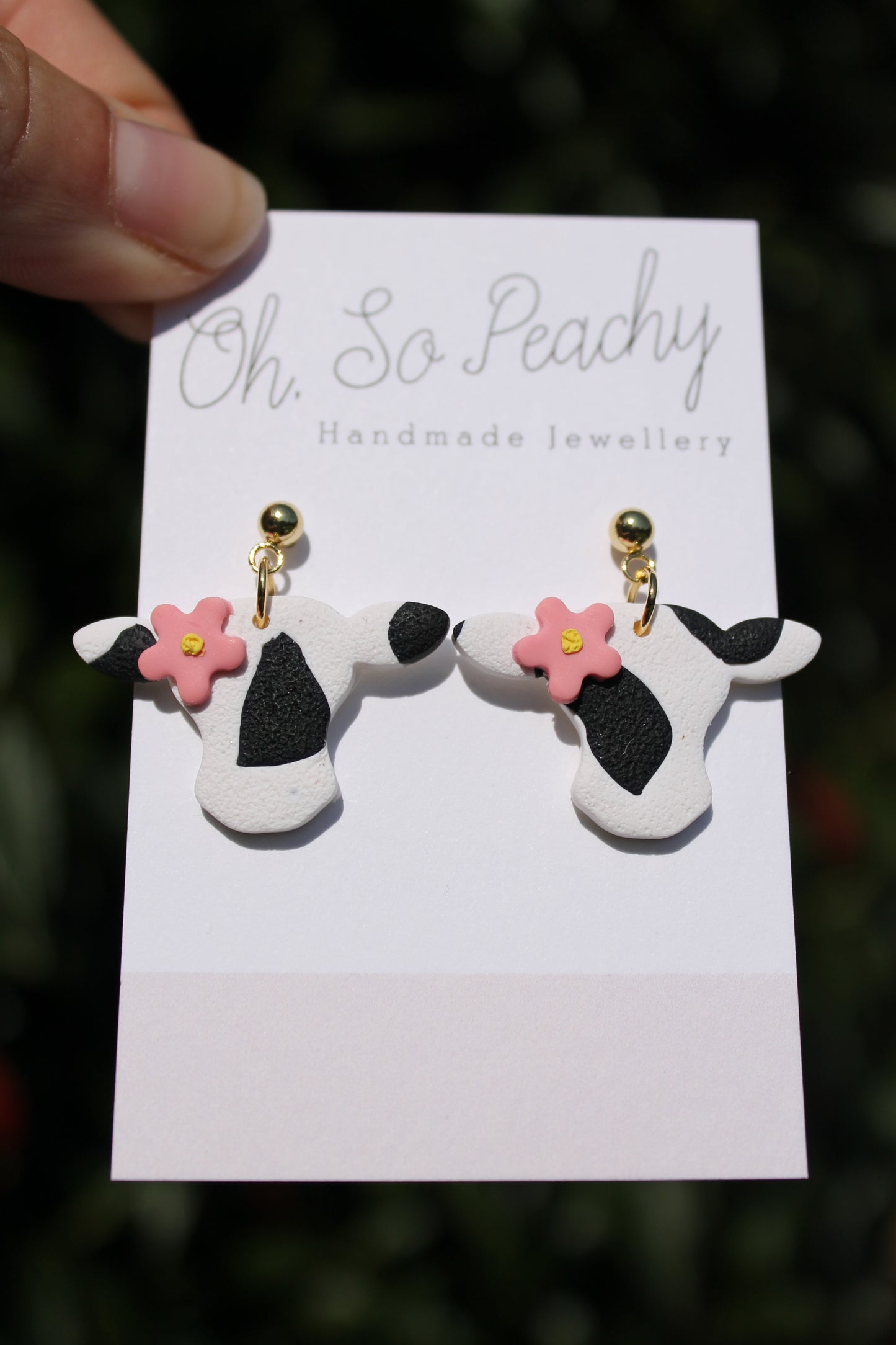 Polymer Clay Cow With Flower Ball Stud Earrings