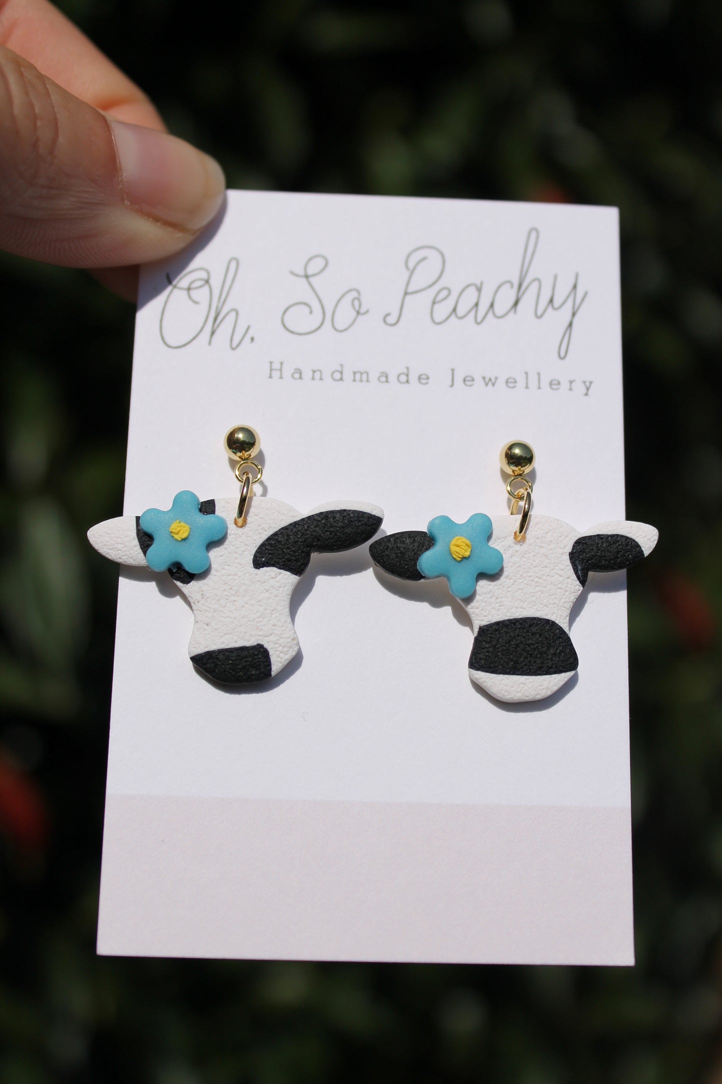 Polymer Clay Cow With Flower Ball Stud Earrings