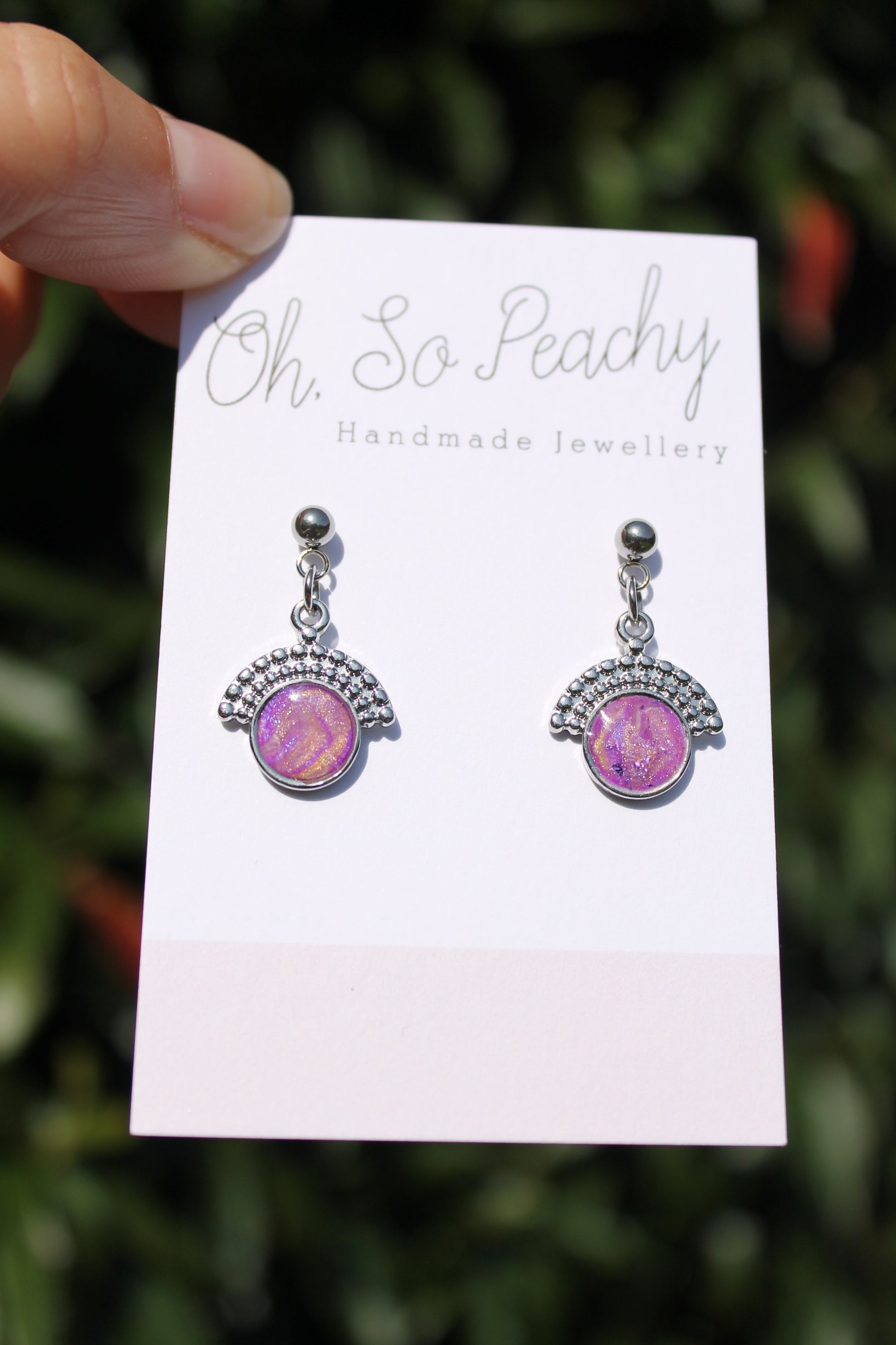 Polymer Clay Pendant Circle Ball Stud Earrings Purple Pearl