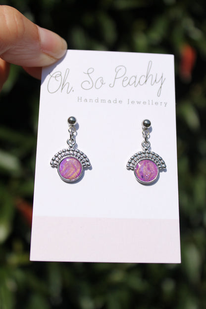 Polymer Clay Pendant Circle Ball Stud Earrings Purple Pearl
