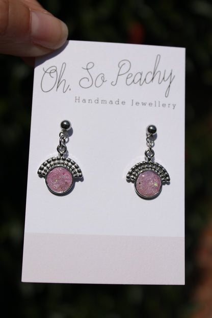 Polymer Clay Pendant Circle Ball Stud Earrings Pink Pearl