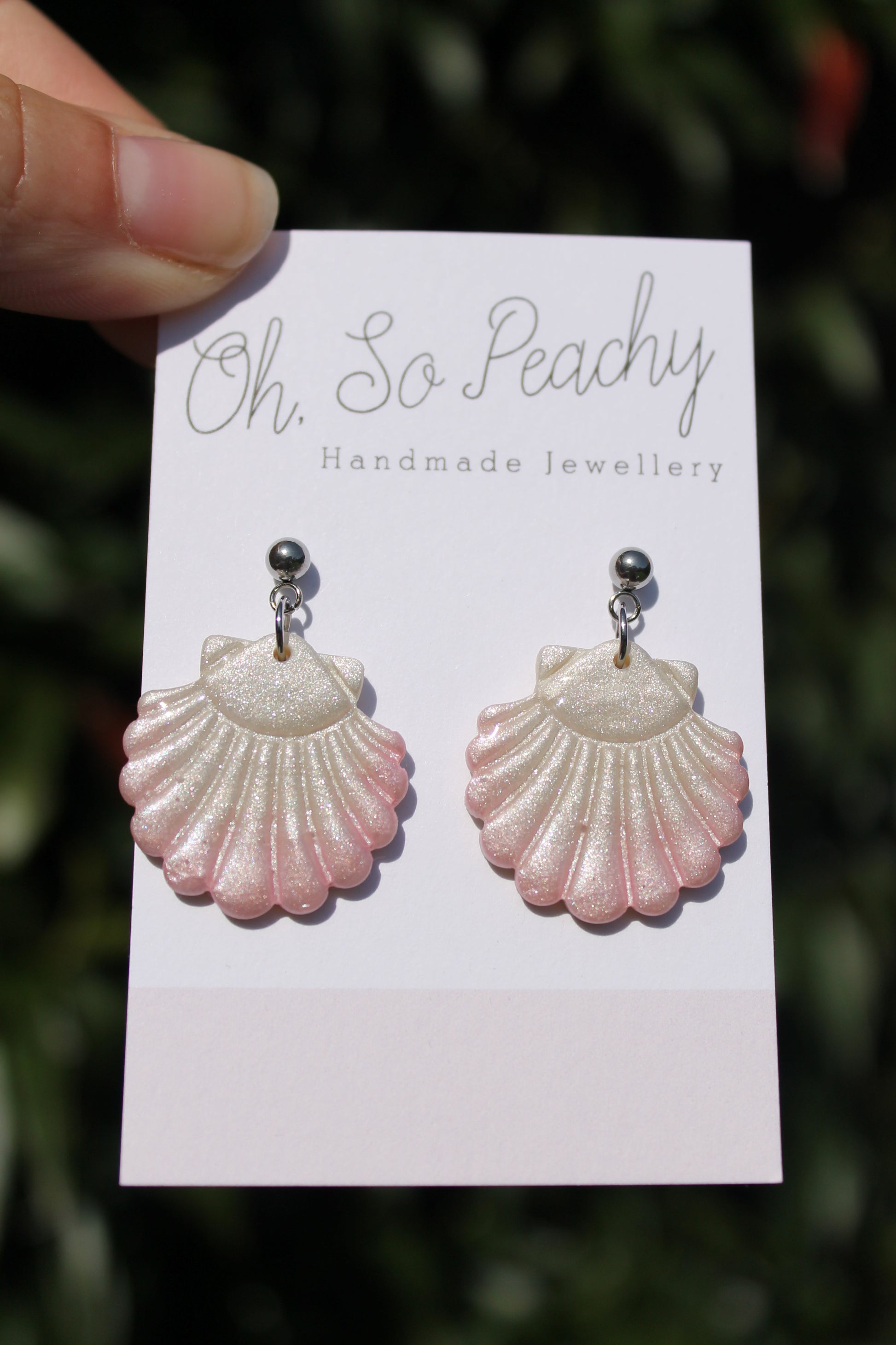 Polymer Clay Pearl Shell Ball Stud Earrings Pink With Silver Hardware