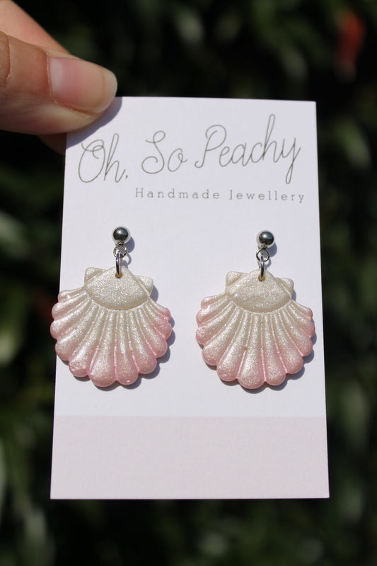 Polymer Clay Pearl Shell Ball Stud Earrings Pink With Silver Hardware