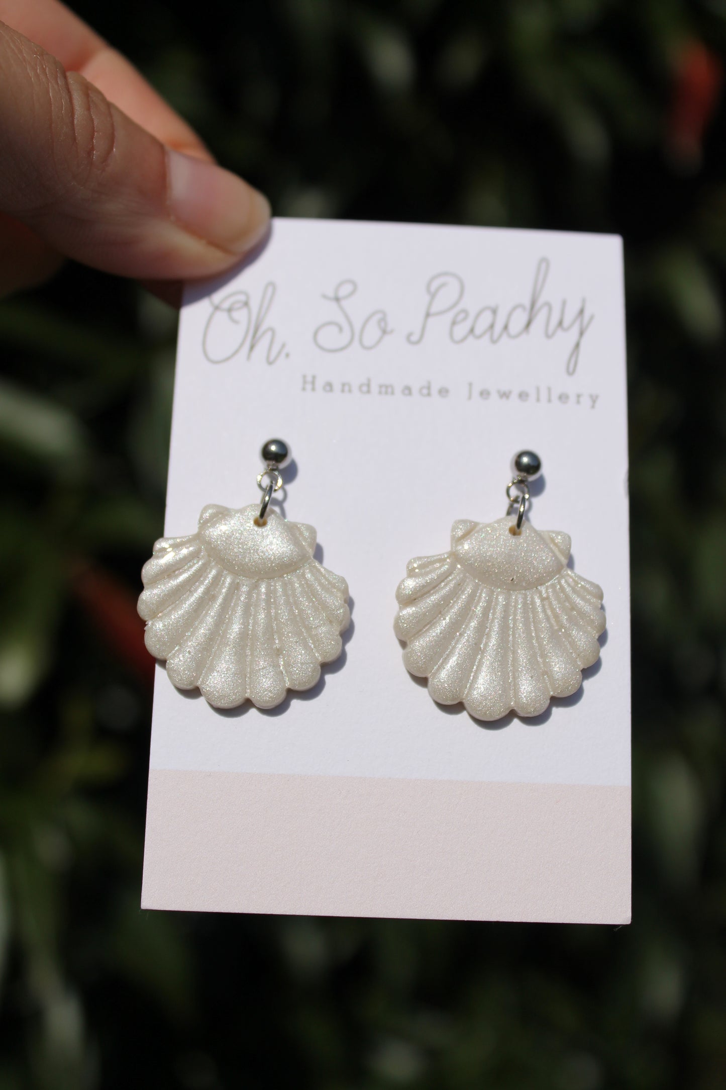 Polymer Clay Shell Ball Stud Earrings Pearl Silver Hardware