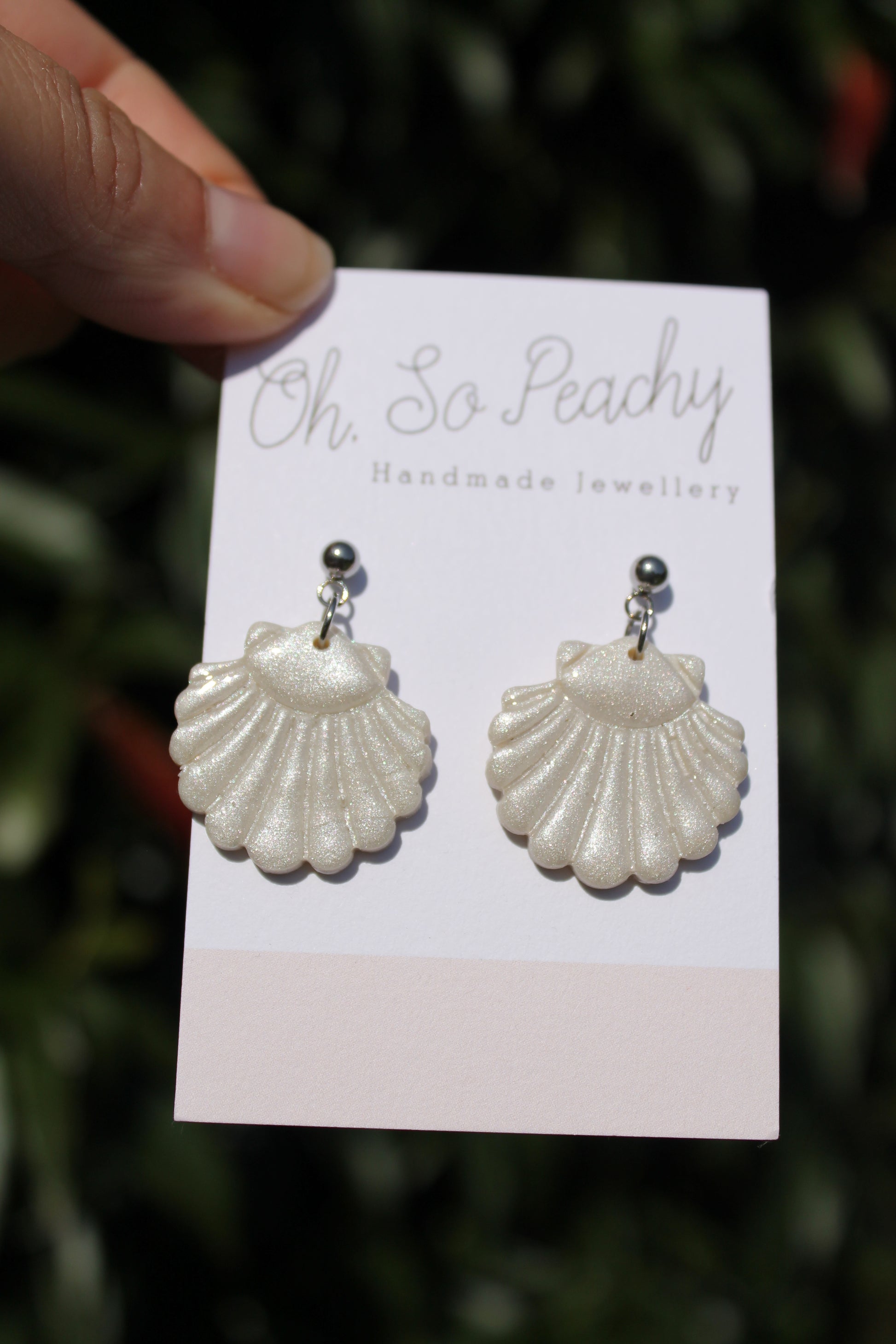 Polymer Clay Shell Ball Stud Earrings Pearl Silver Hardware