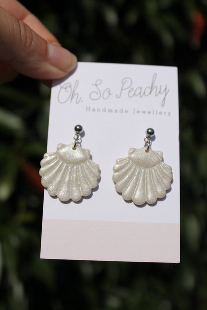 Polymer Clay Shell Ball Stud Earrings Pearl Silver Hardware