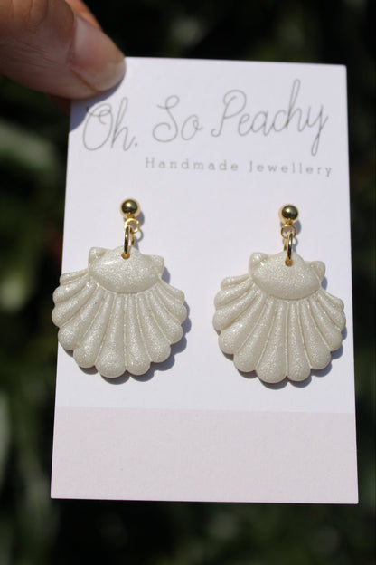 Polymer Clay Shell Ball Stud Earrings Pearl Gold Hardware