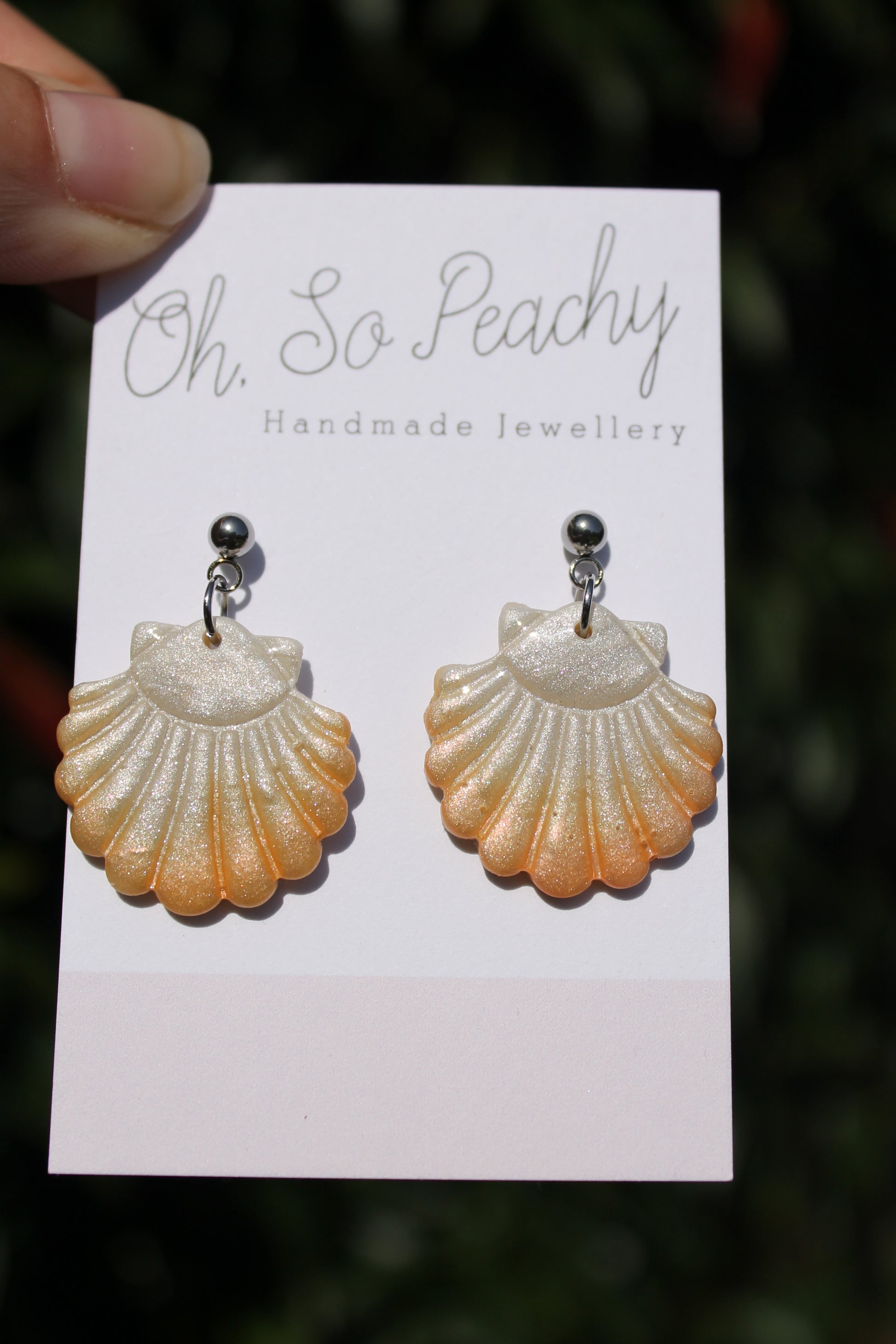 Polymer Clay Pearl Shell Ball Stud Earrings Orange With Silver Hardware