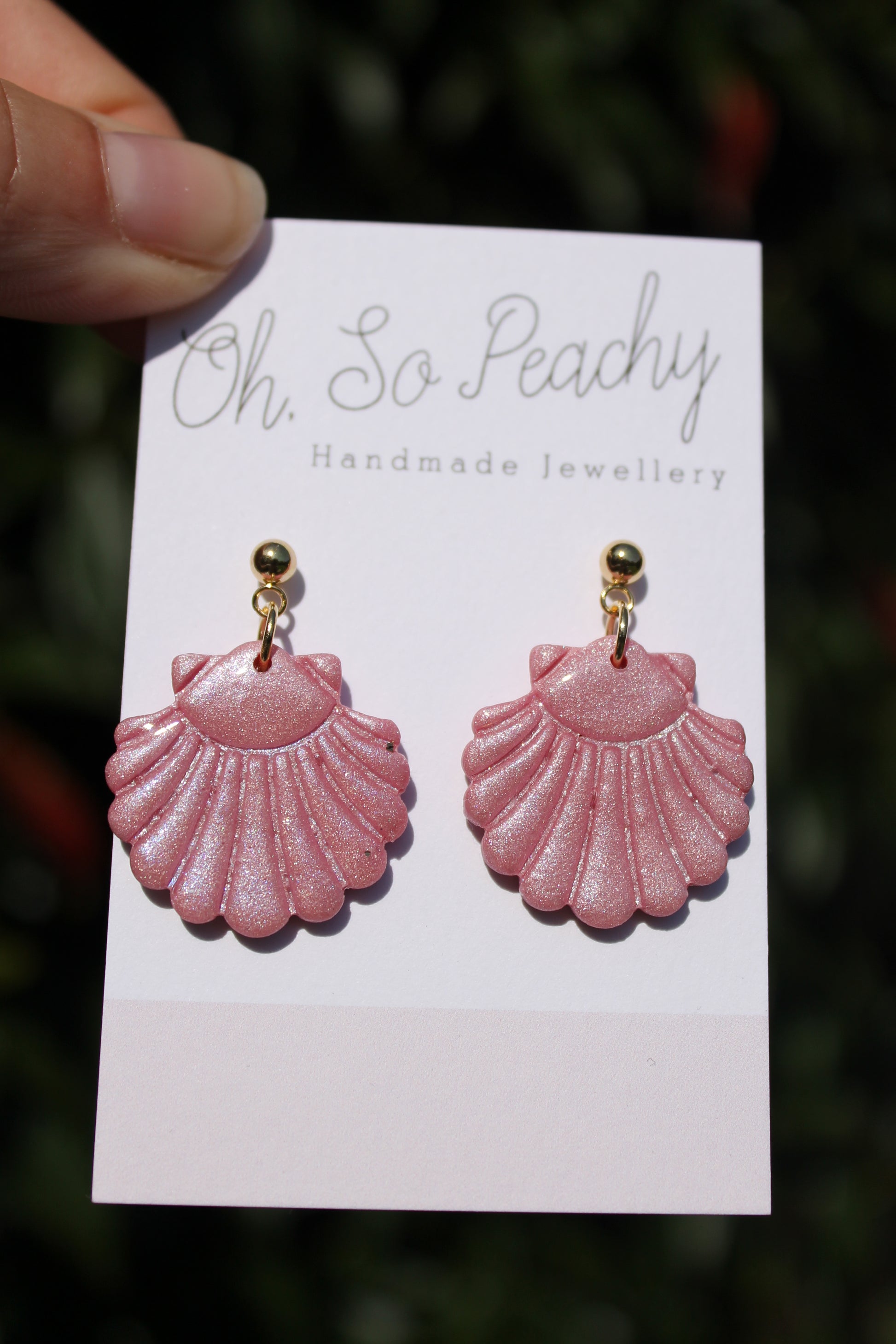 Polymer Clay Shell Ball Stud Earrings Pink Pearl Gold Hardware