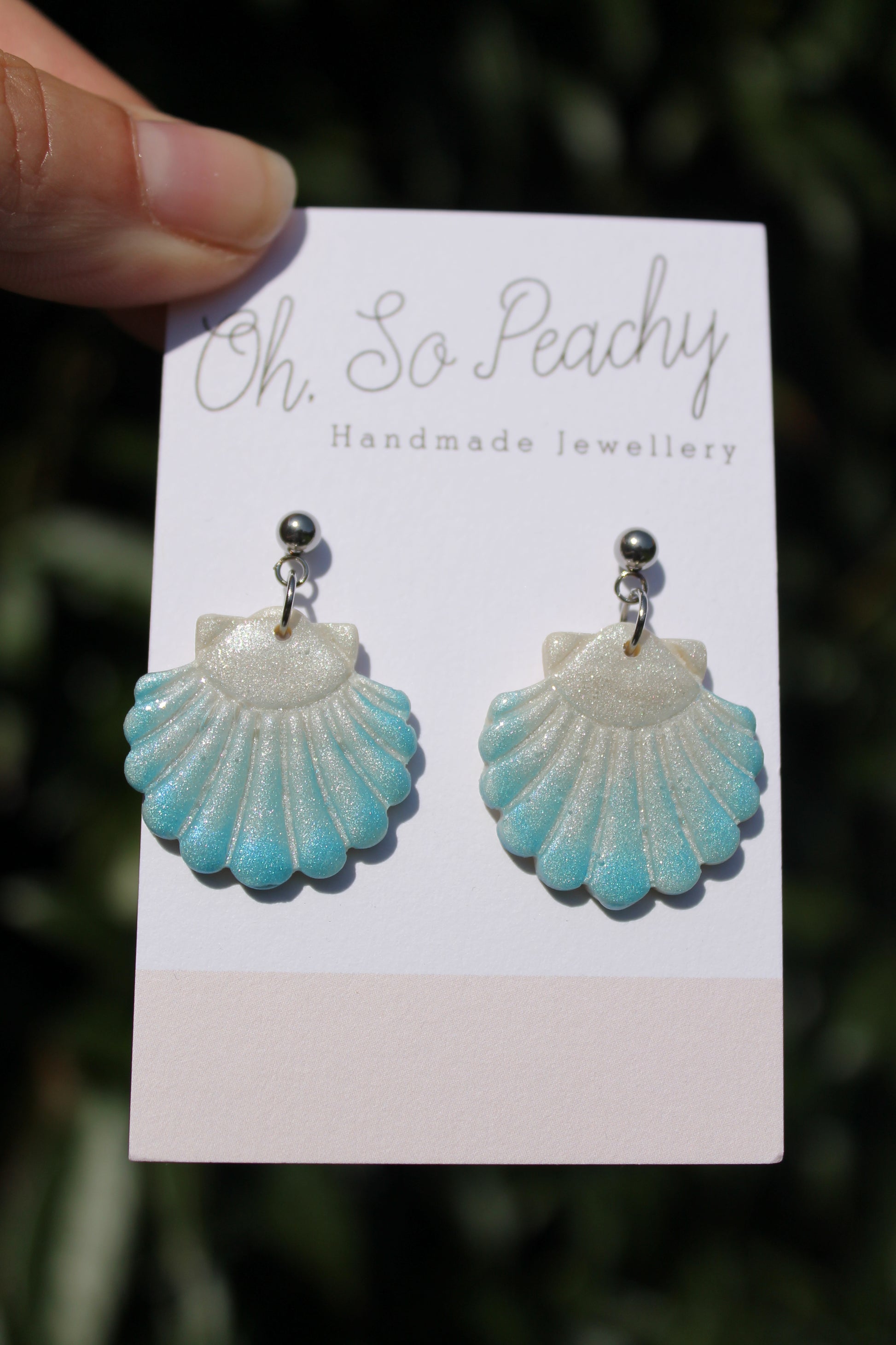 Polymer Clay Pearl Shell Ball Stud Earrings Blue With Silver Hardware