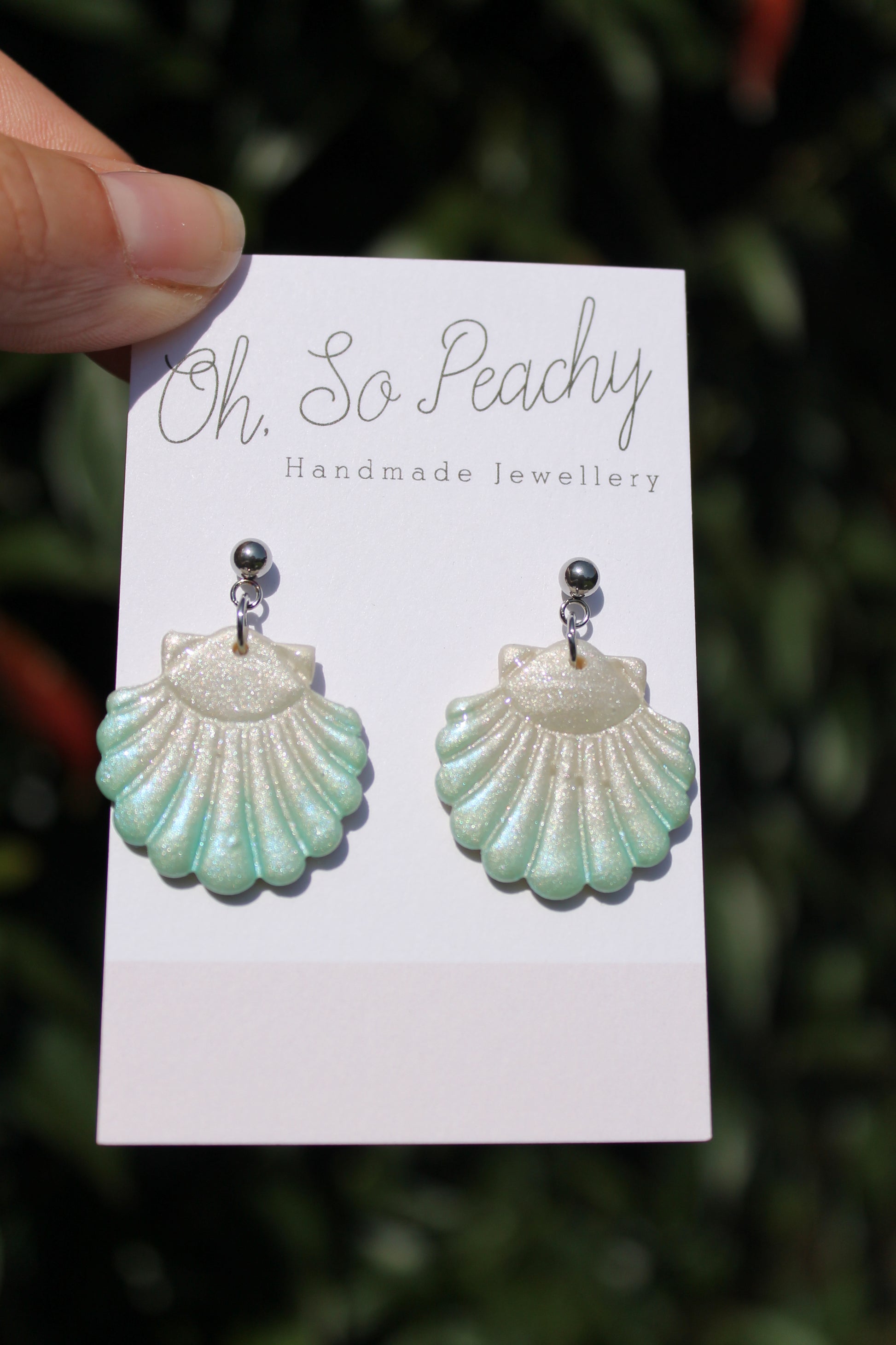 Polymer Clay Pearl Shell Ball Stud Earrings Light Green With Silver Hardware