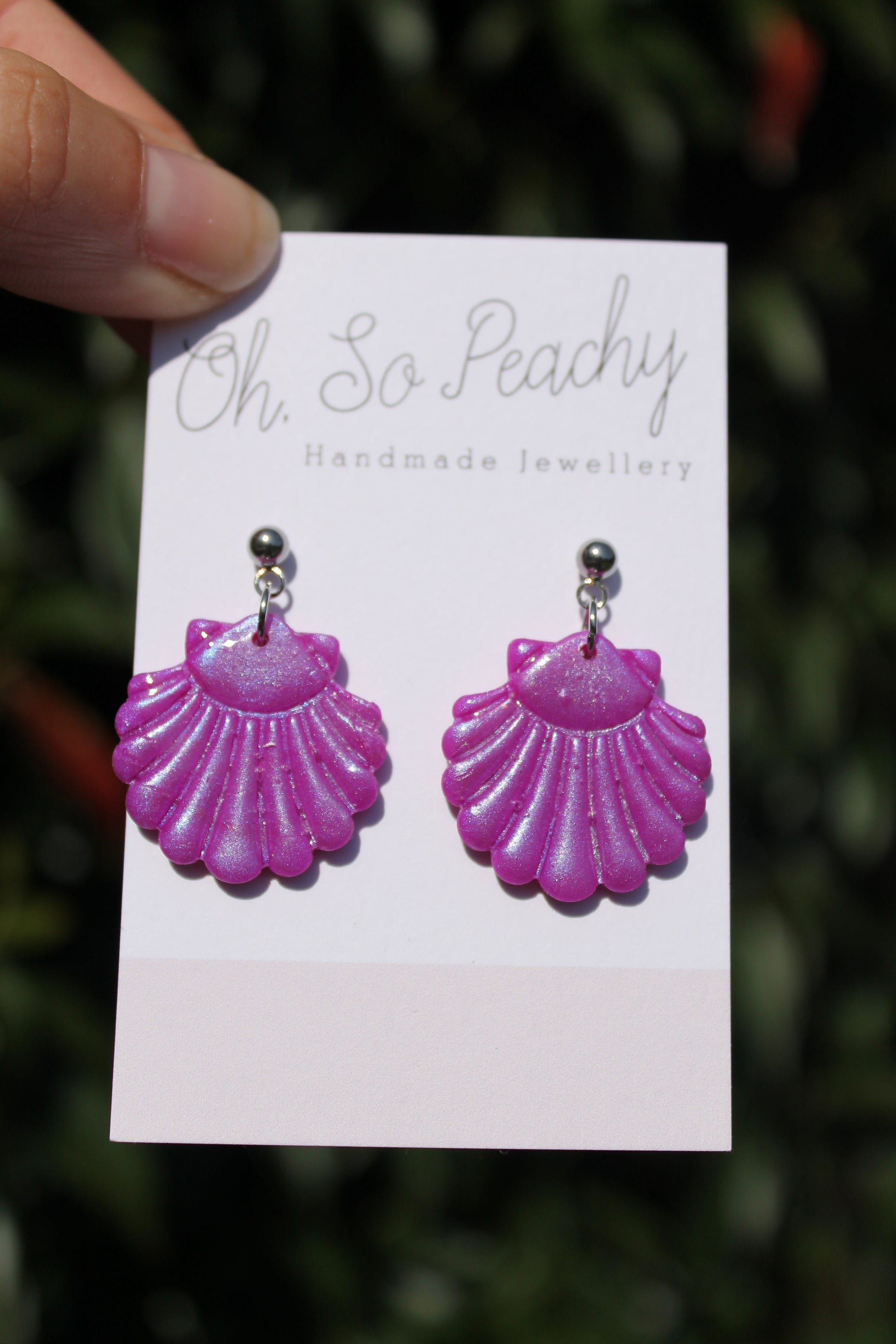 Polymer Clay Shell Ball Stud Earrings Purple Pearl Silver Hardware