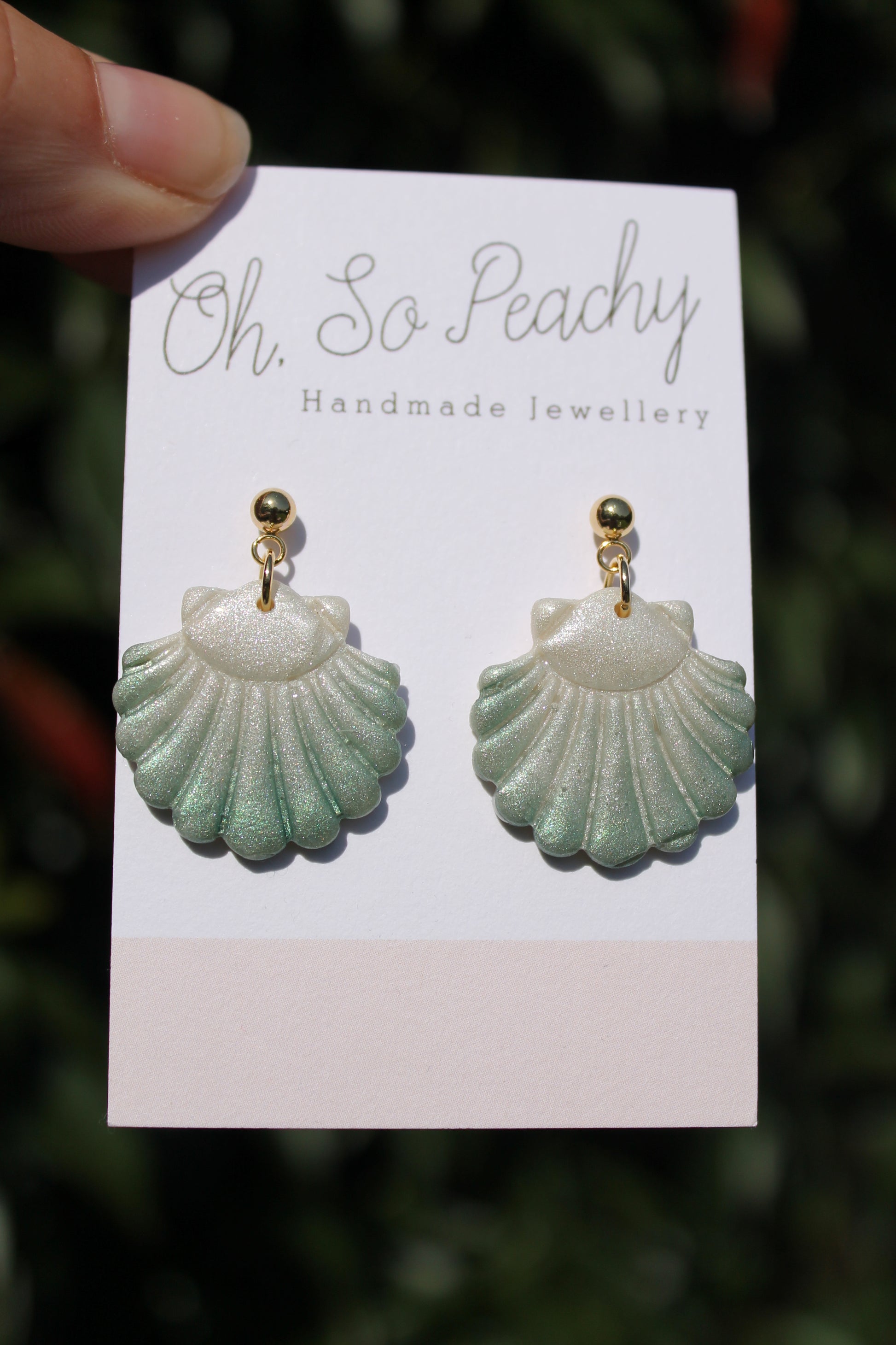 Polymer Clay Pearl Shell Ball Stud Earrings Dark Green With Gold Hardware