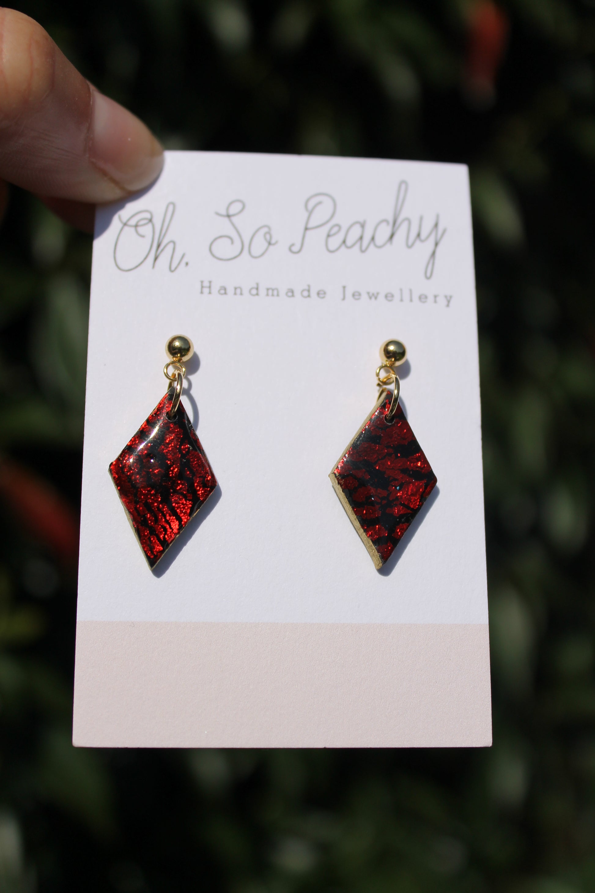 Polymer Clay Black Rhombus Ball Stud Earrings Red