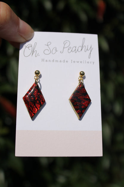Polymer Clay Black Rhombus Ball Stud Earrings Red