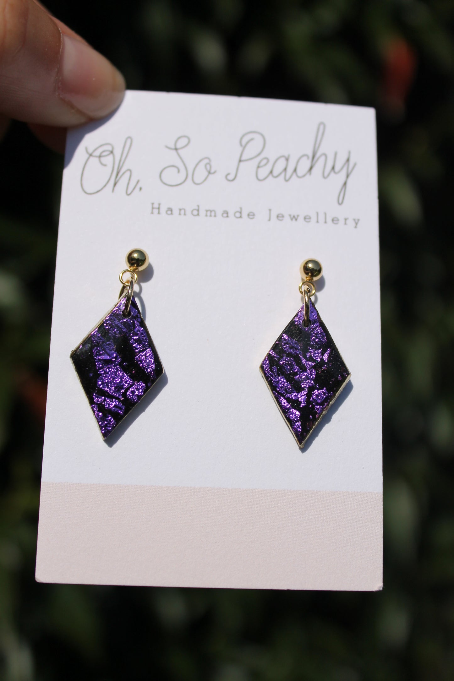 Polymer Clay Black Rhombus Ball Stud Earrings Purple