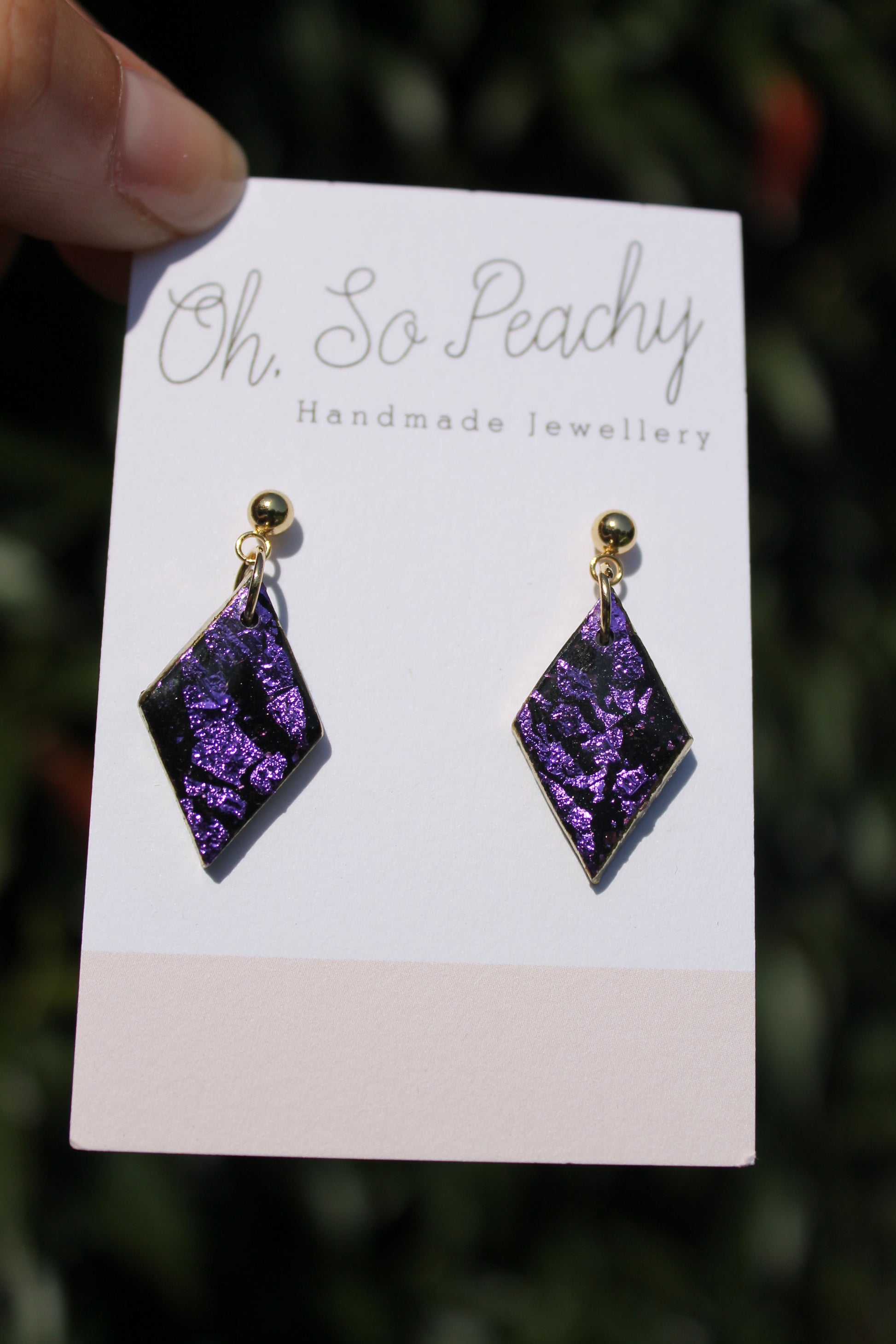 Polymer Clay Black Rhombus Ball Stud Earrings Purple