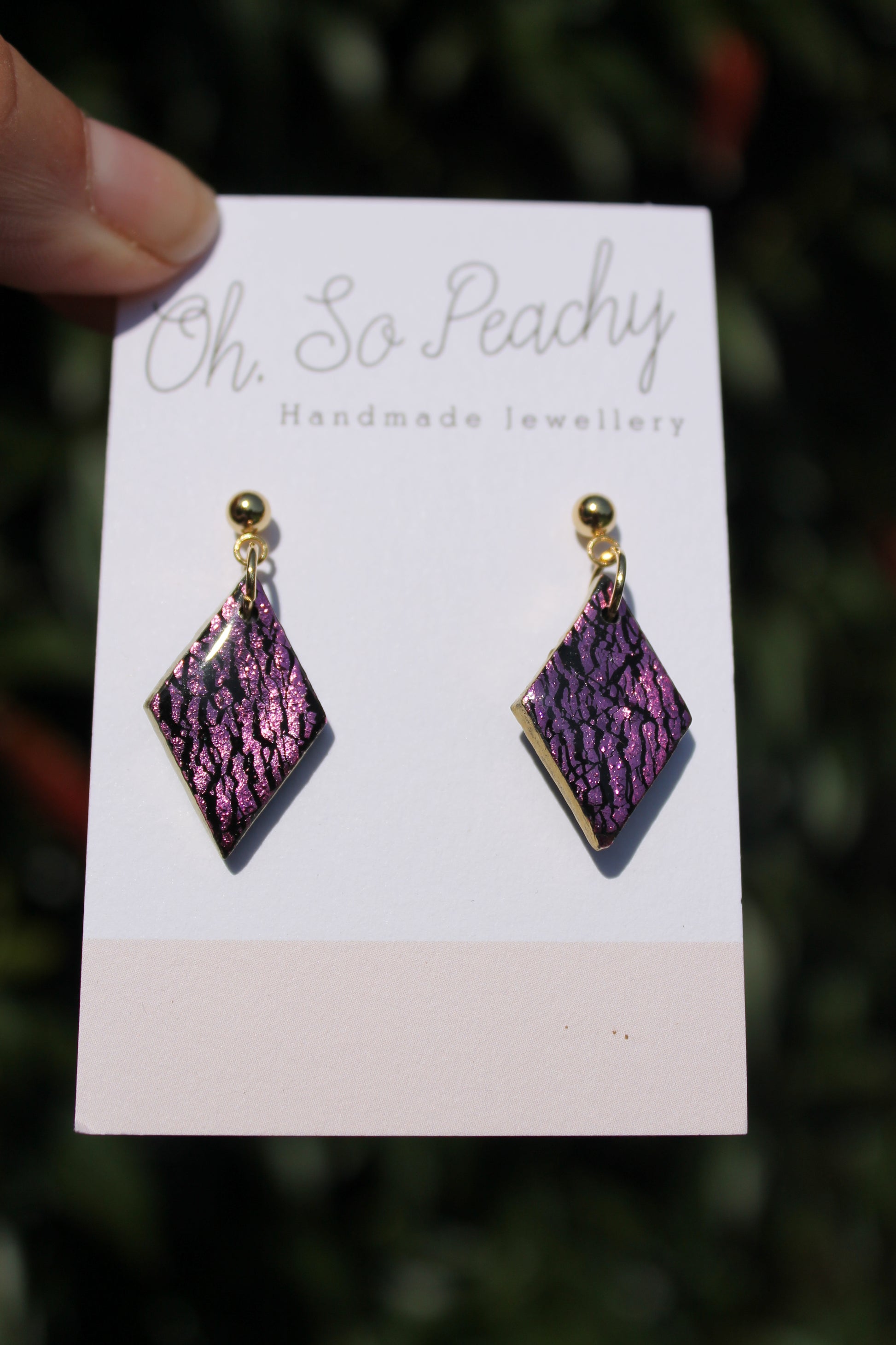 Polymer Clay Black Rhombus Ball Stud Earrings Pink