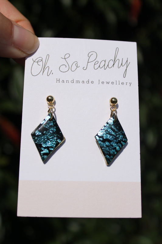 Polymer Clay Black Rhombus Ball Stud Earrings Turquoise