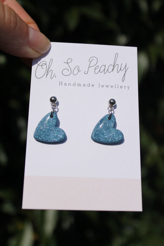  Polymer Clay Heart Ball Stud Earrings Navy Pearl Silver Hardware