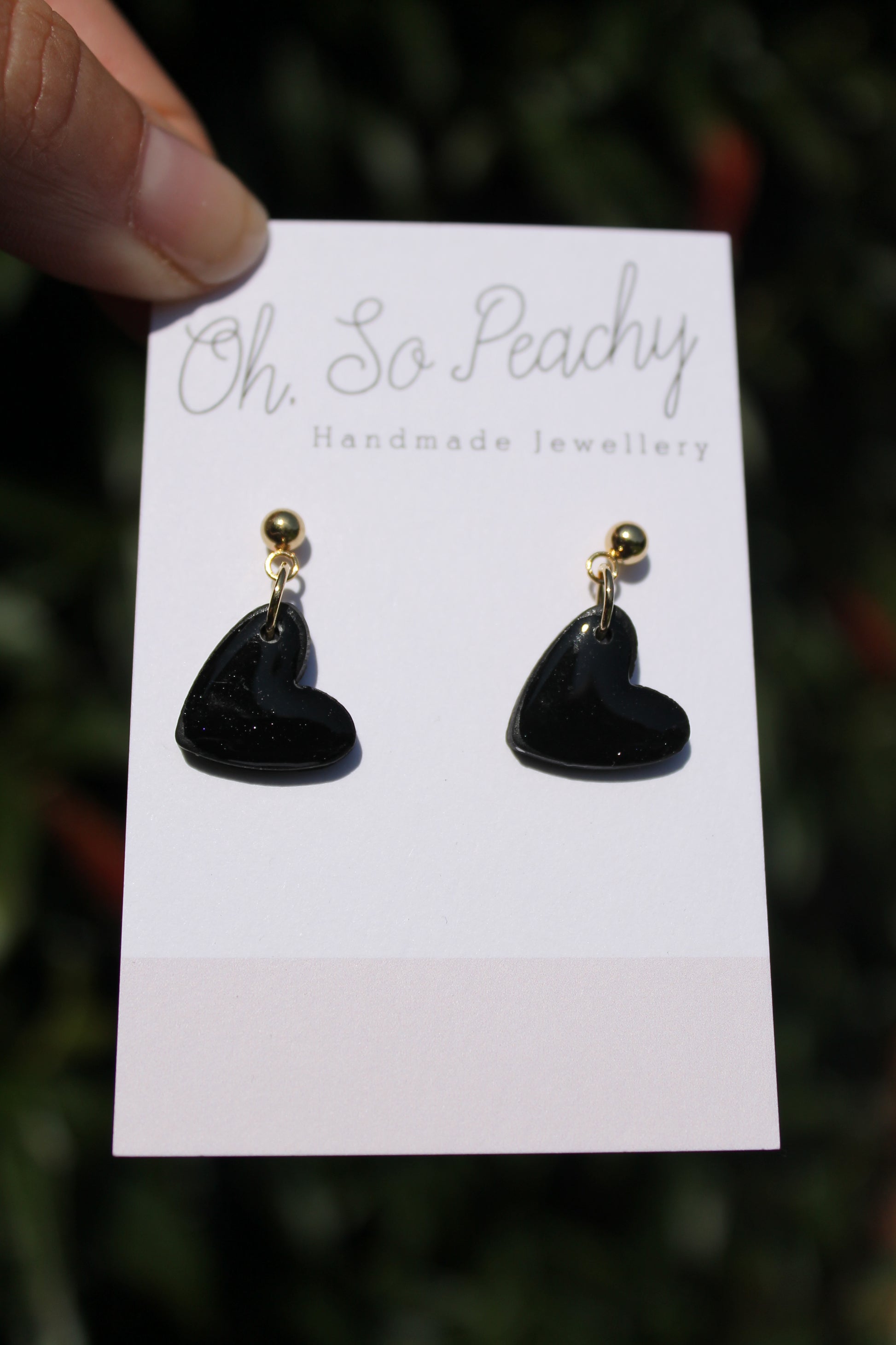 Polymer Clay Heart Ball Stud Earrings Black Gold Hardware