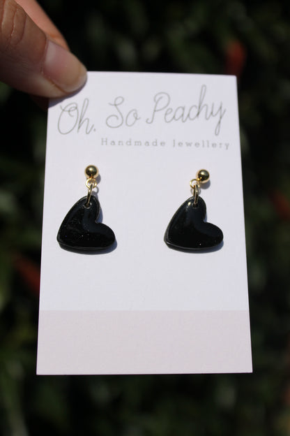 Polymer Clay Heart Ball Stud Earrings Black Gold Hardware