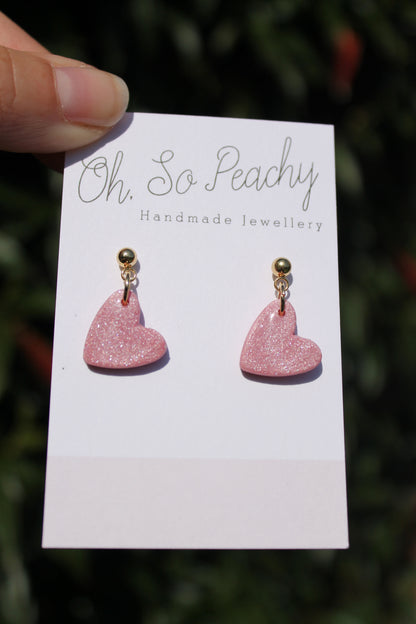Polymer Clay Heart Ball Stud Earrings Pink Pearl Gold Hardware