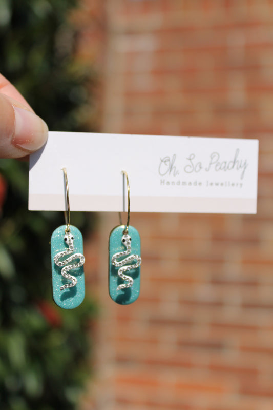 Polymer Clay Hoop Earrings With Snake Charms Sage Pearl